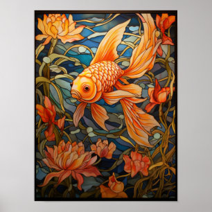 Poster Design de Janela de Vidro Pintado com Peixe Dourad