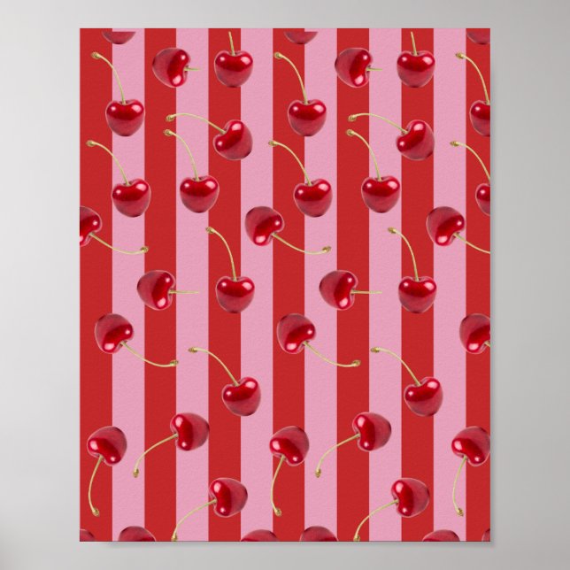 Poster Design de listras vermelhas e rosas com cerejas (Frente)