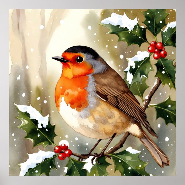 Poster Design de Natal com Robin em Aquarela (Frente)