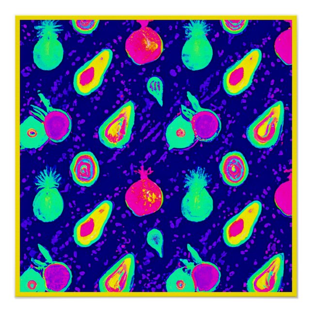 Pôster Design de Padrão de Neon Fruta Vibrante (Frente)