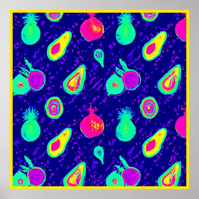 Poster Design de Padrão de Neon Fruta Vibrante (Frente)