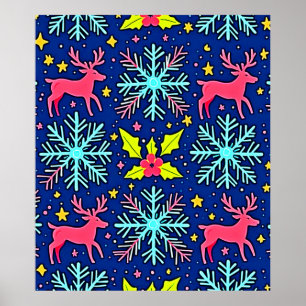 Poster Design de padrão de rena de Natal azul legal