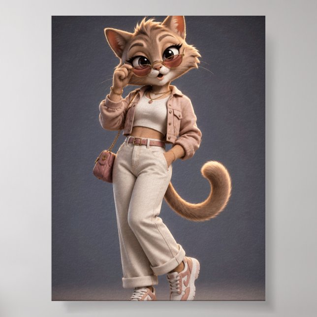 Poster Design de Personagem de Gato Animado 3D Chic e Ele (Frente)