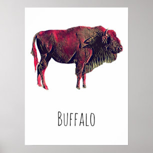 Poster Design de Retrato de Buffalo para Bison ou Animal 
