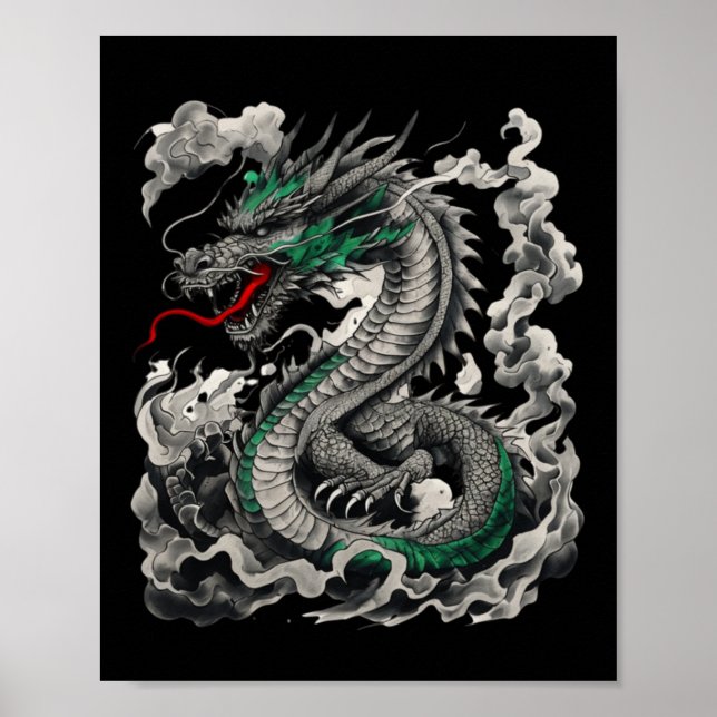 Poster Design De Tatuagem Do Dragão Mitológico Com Preto (Frente)