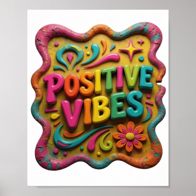 Poster Design de texto Vibrações Positivas Rosa Intenso (Frente)