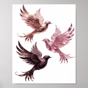 Poster Design de Três Pássaros Rosas Prateados que Chamam