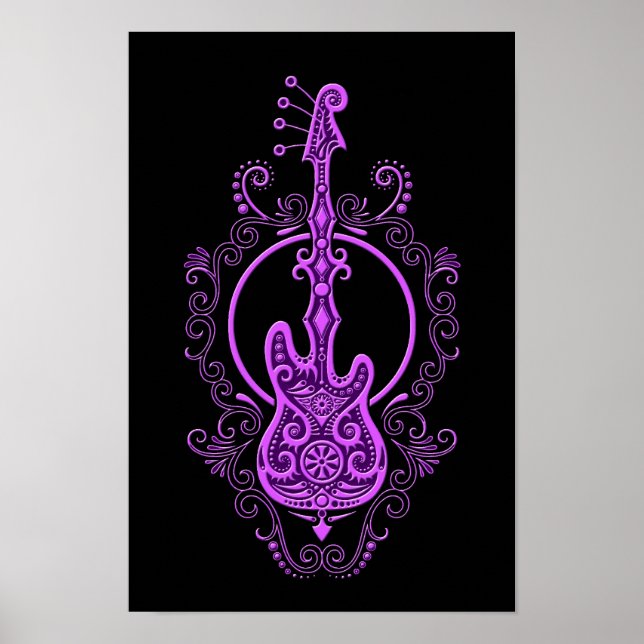 Poster Design de Violão de Baixo Roxo em Preto (Frente)