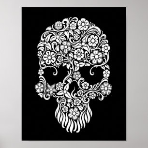 Pôster Design do crânio das flores brancas e das videira