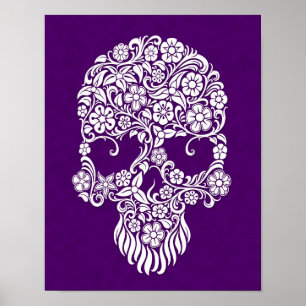 Poster Design do crânio das flores brancas e das videira