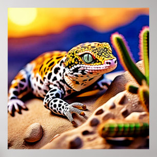Poster Design do Deserto do Sol, Gecko Leopardo Cujo Sol