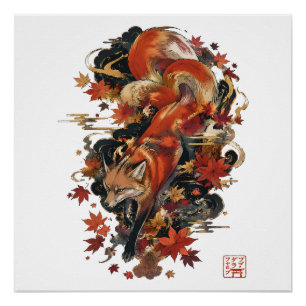 Pôster Design Espirito de Raposa Japonesa Kitsune de Outo