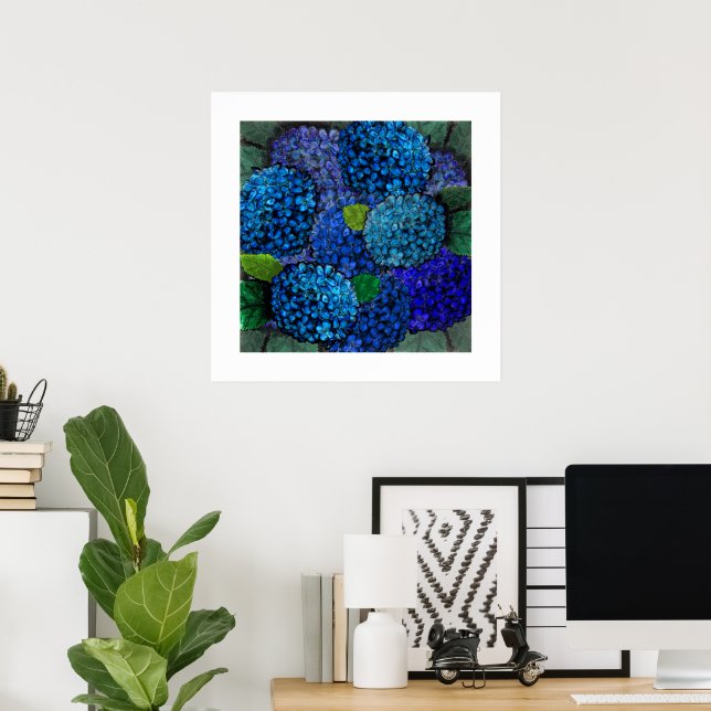 Pôster Design Floral Flor de Hortênsia Azul (Escritório em casa)