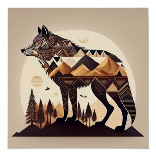 Pôster Design Geométrico Wolf Mountain Scene (Frente)