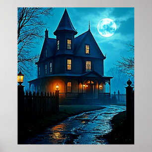 Poster Design Mansão Assombrada Luz da Lua Azul Noturna
