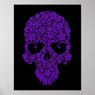 Pôster Design roxo do crânio das flores e das videiras n