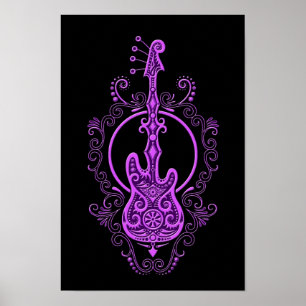 Poster Design roxo intrincado da guitarra baixa no preto