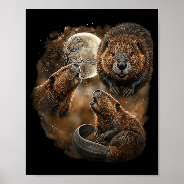 Poster Designação de castor uivando para lua, castor engr (Frente)