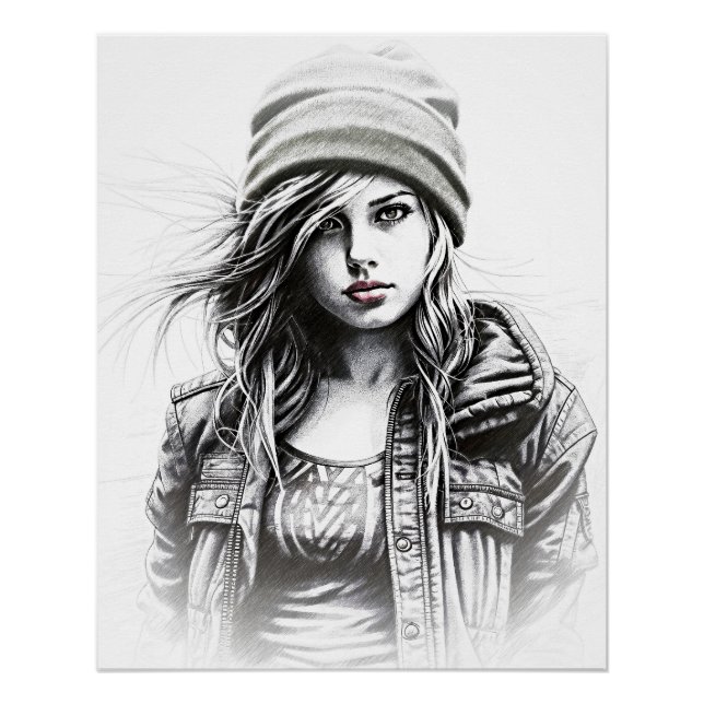 Pôster Dessin d'une jeune femme grunge (Frente)