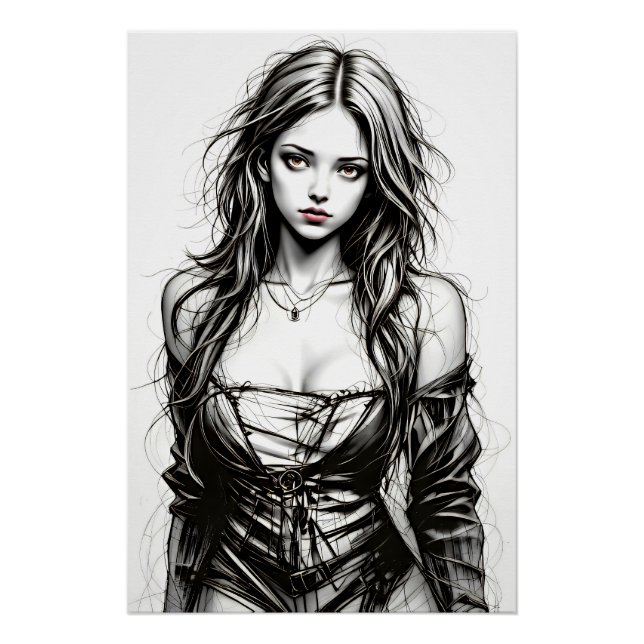 Pôster Dessin d'une jeune femme grunge.  (Frente)