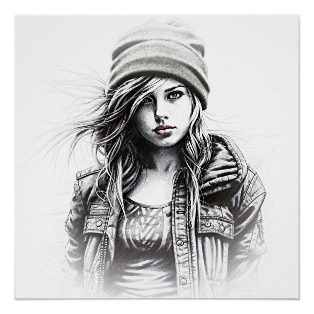 Pôster Dessin d'une jeune femme grunge (Frente)