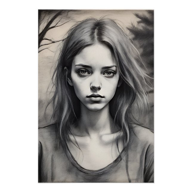 Pôster Dessin d'une jeune fille mélancolique.  (Frente)