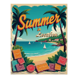 Pôster Destino de Verão Editável com Selos de Viagem