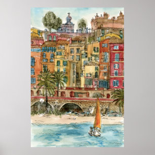 Pôster Destinos Praia e Edifícios de Watercolor