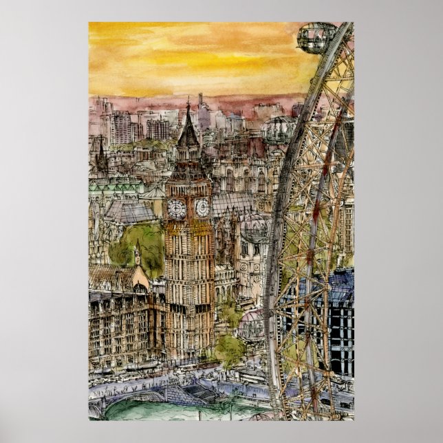 Pôster Destinos | Watercolor Big Ben & London Eye (Frente)