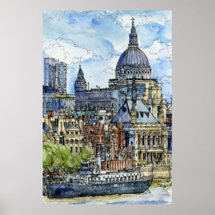 Poster Destinos  Watercolor River Thames Waterfront