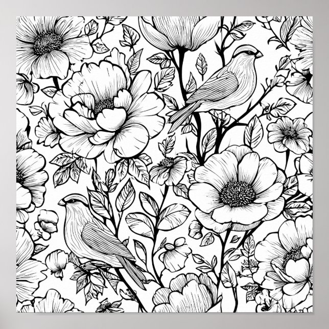 Poster Detailed Folk Flora Scroll Decoupage Template Line (Frente)