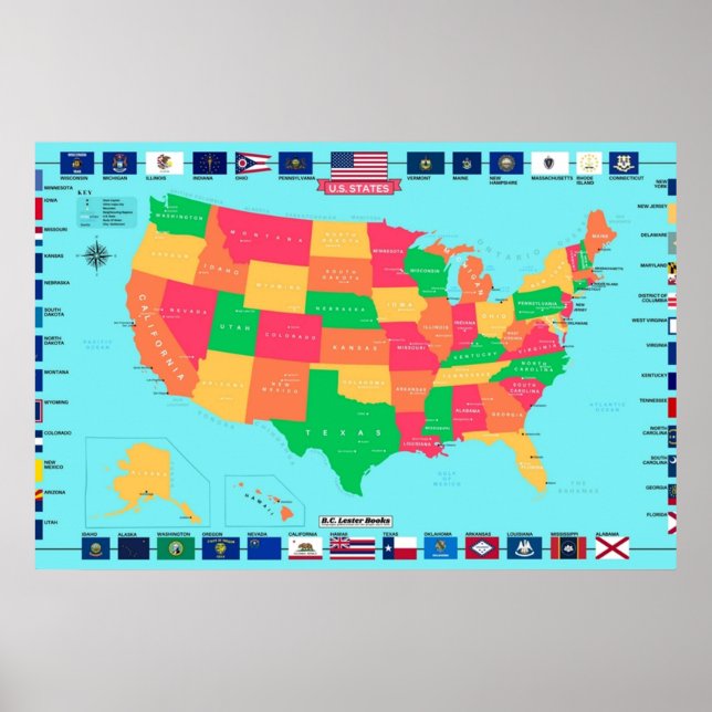 Poster Detailed USA Map With State Flags (Frente)