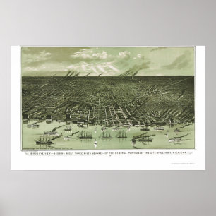Pôster Detroit, mapa panorâmico do MI - 1889