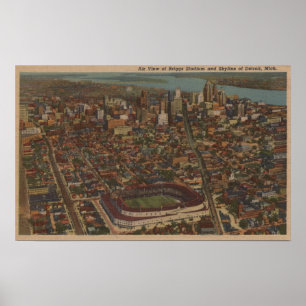 Pôster Detroit, MI - estádio de basebol aéreo de Briggs