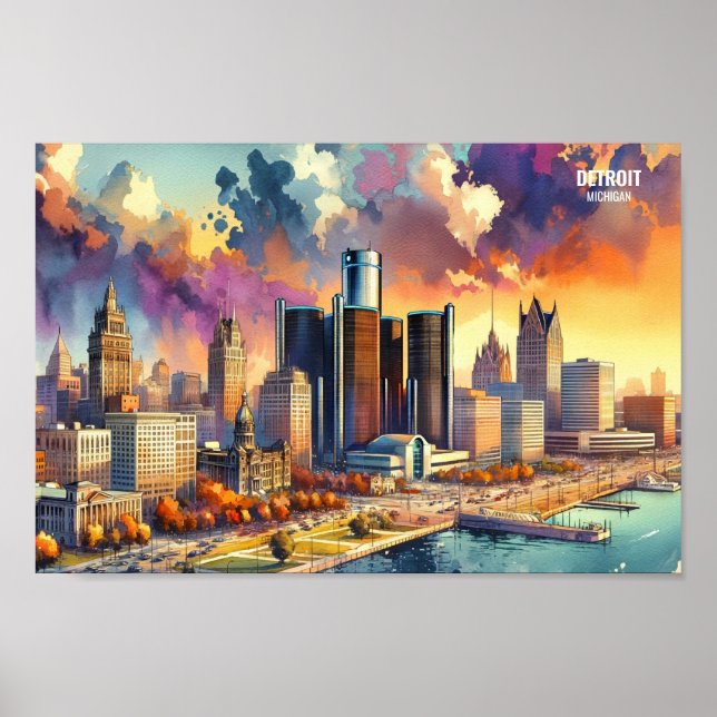 Poster Detroit Michigan Viagem Places aqucolor (Frente)