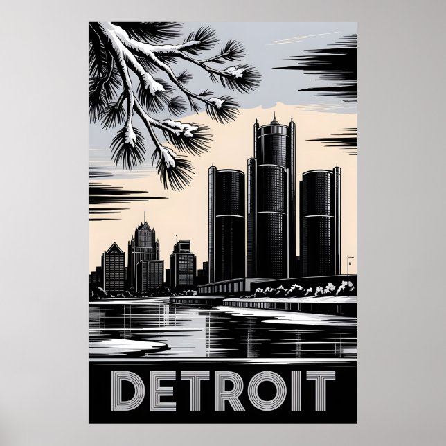 Poster Detroit Skyline Black and White Woodcut Winter (Frente)
