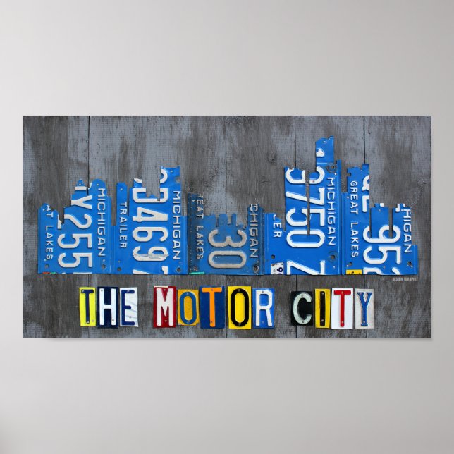 Pôster Detroit The Motor City Skyline Licate Plate Art (Frente)