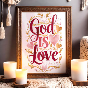 Poster Deus é Amor, Rosa e Dourada Arte de Muro Cristã