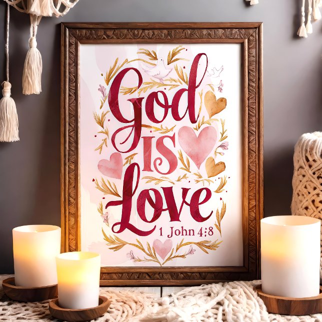 Poster Deus é Amor, Rosa e Dourada Arte de Muro Cristã (Criador carregado)