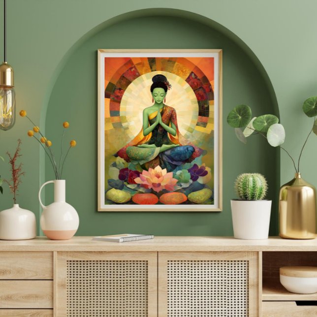 Poster Deusa Budista Green Tara Floral Painting Zen (Criador carregado)