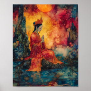 Poster Deusa Budista Guanyin Arco-íris Surreal Abstrato