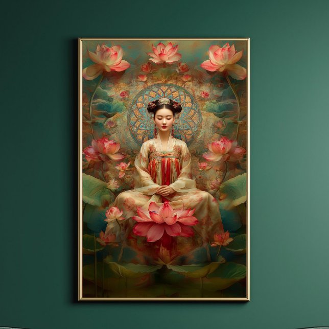 Poster Deusa Budista Quan Yin Pink Lotus Pintura (Criador carregado)