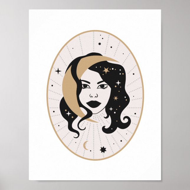 Poster Deusa Celestial Rosto Lua Magia Estrelas Arte Míst (Frente)