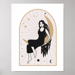 Poster Deusa Celestial Sentada na Lua Arte Mística Mágica