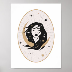 Poster Deusa da Lua da Arte Mística Celestial com Cabelos