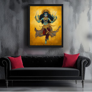 Poster Deusa Divina Kali Arte Surreal Dourada Azul Vermel