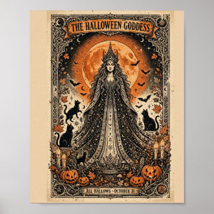 Poster Deusa do Halloween Vintage Witch Gótico Gato Preto