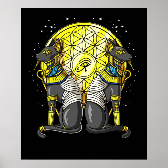 Poster Deusa Gato Egípcia Bastet Ankh Sagrada Geometria (Frente)