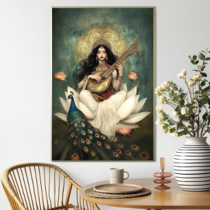 Poster Deusa Hindu Saraswati: Veena de Pavão Lótus
