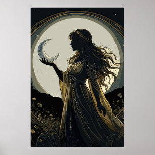 Poster Deusa Mística da Lua, Silhueta Feminina Celestial